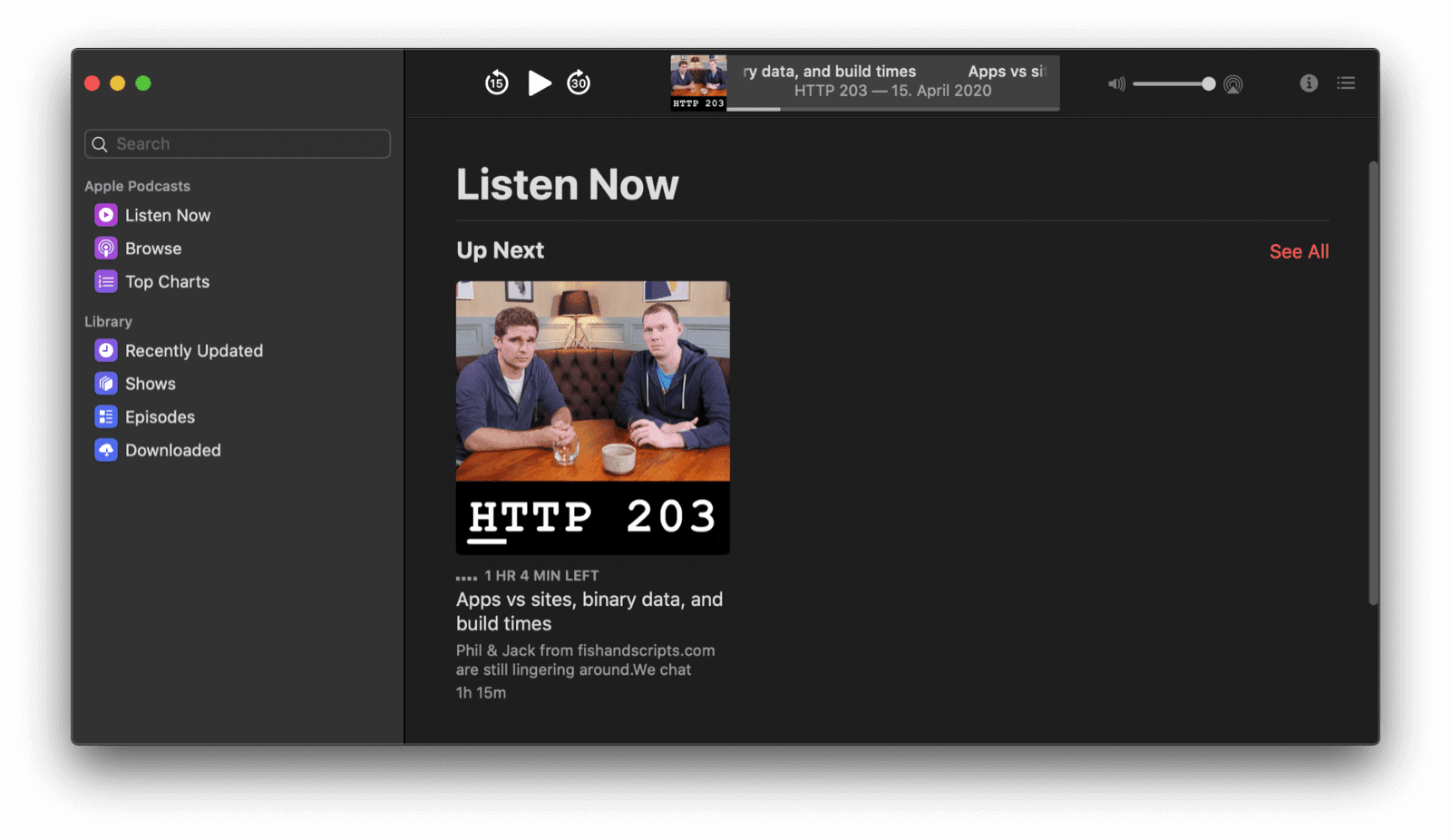 The Podcasts app in dark mode.