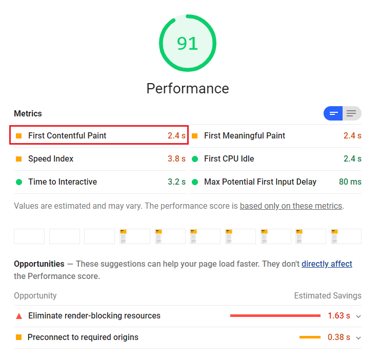 Screenshot of Lighthouse audit showing 2.4 second FCP and two opportunities: Eliminate render-blocking resources and Preconnect to required origins.