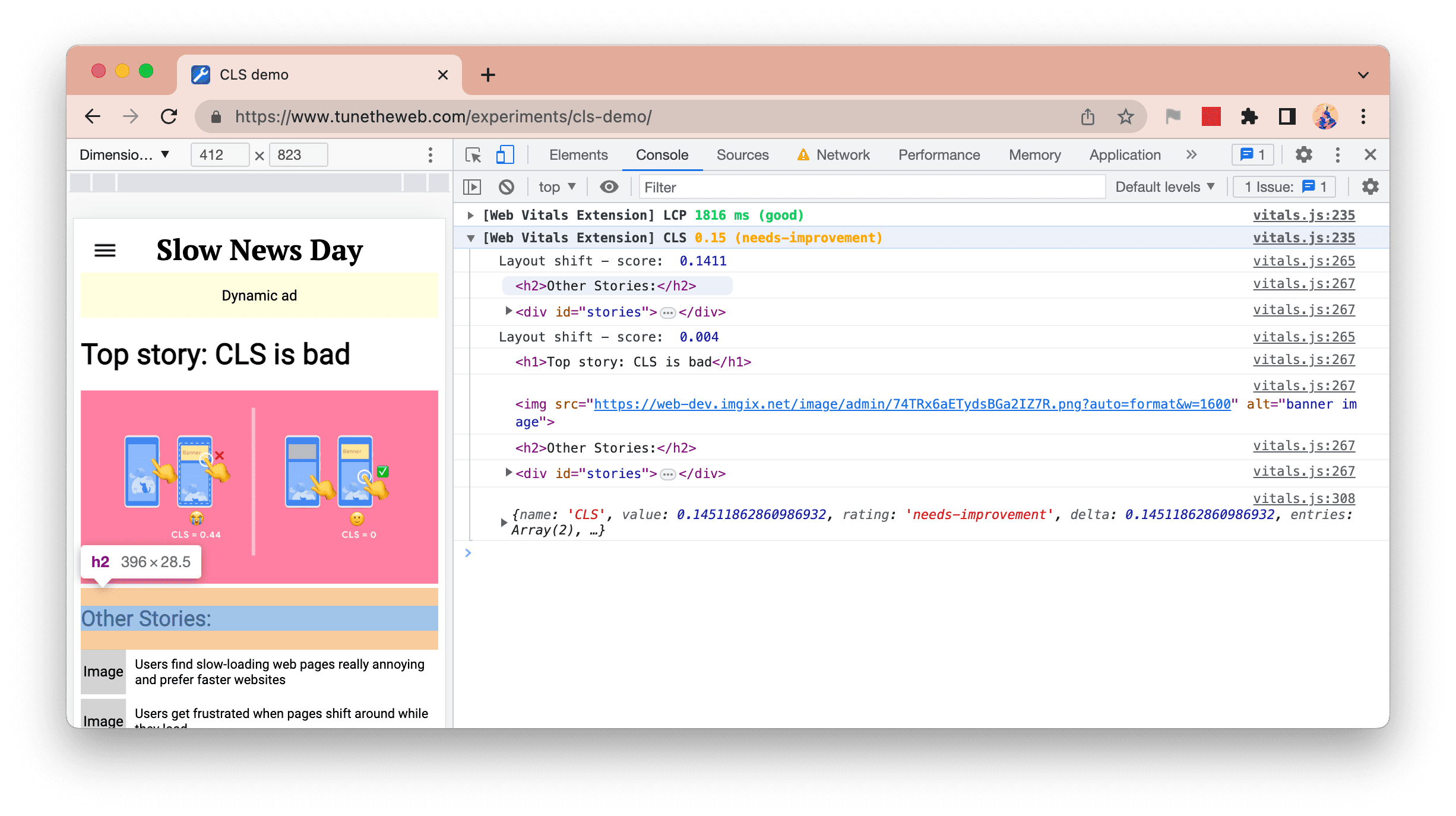 Web Vitals Extension new console logging showing each CLS element shift