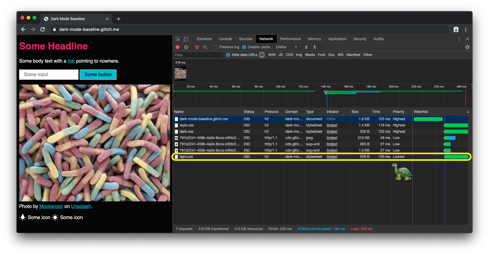 Network loading diagram showing how in dark mode the light mode CSS gets loaded with lowest priority