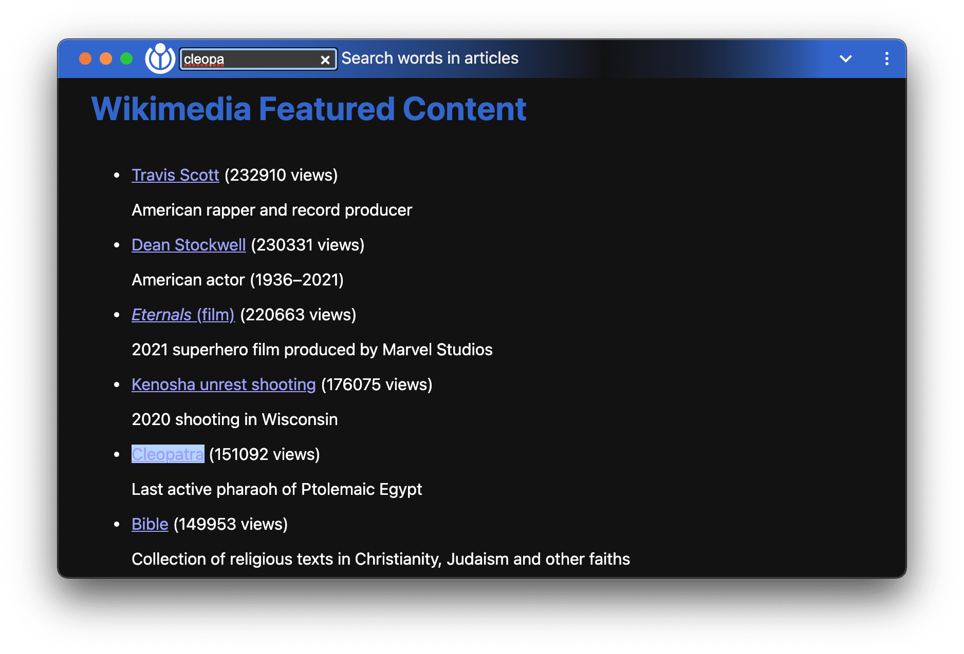 The Wikimedia Featured Content demo app with Window Controls Overlay and active search for the term 'cleopa…' highlighting one of the articles with the matched term 'Cleopatra'.