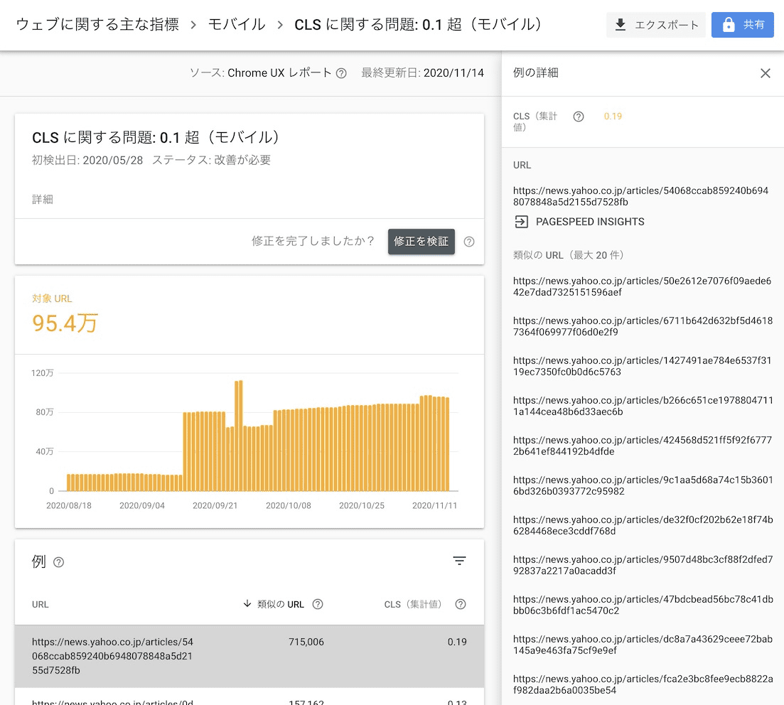 Google Search Console Core Web Vitals Report showing high CLS for article details page.