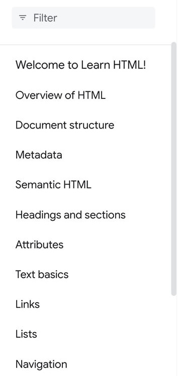 Learn HTML chapter navigation.